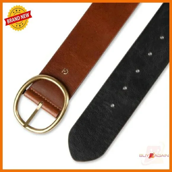 Wide Reversible Leather Belt with Circle Buckle for Dresses & Blazers
